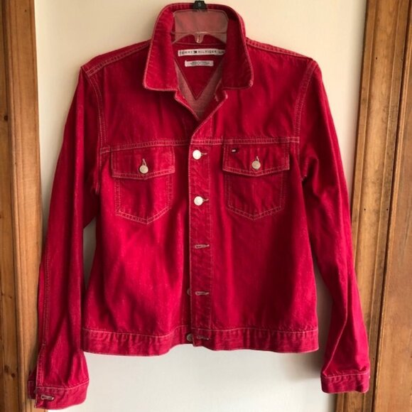TOMMY HILFIGER Red Denim Trucker Jacket Large Vintage 2000 - Picture 1 of 17